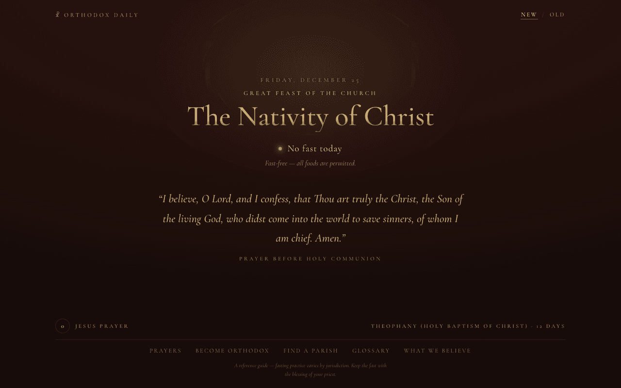 Orthodox Daily Chrome extension new tab page showing the feast of the day, fasting status, and a prayer